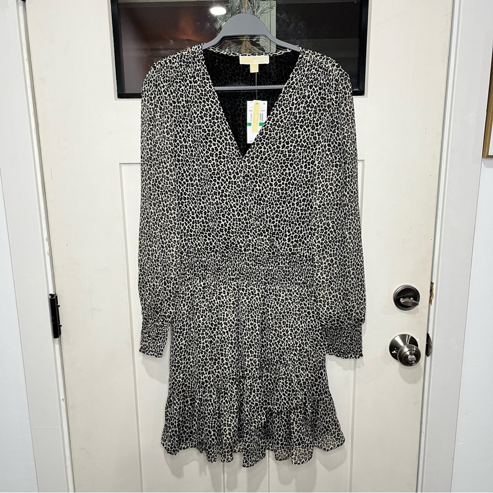 MICHAEL Michael Kors Leopard Print Long Sleeve Ruffle Dress – NWT – Size L